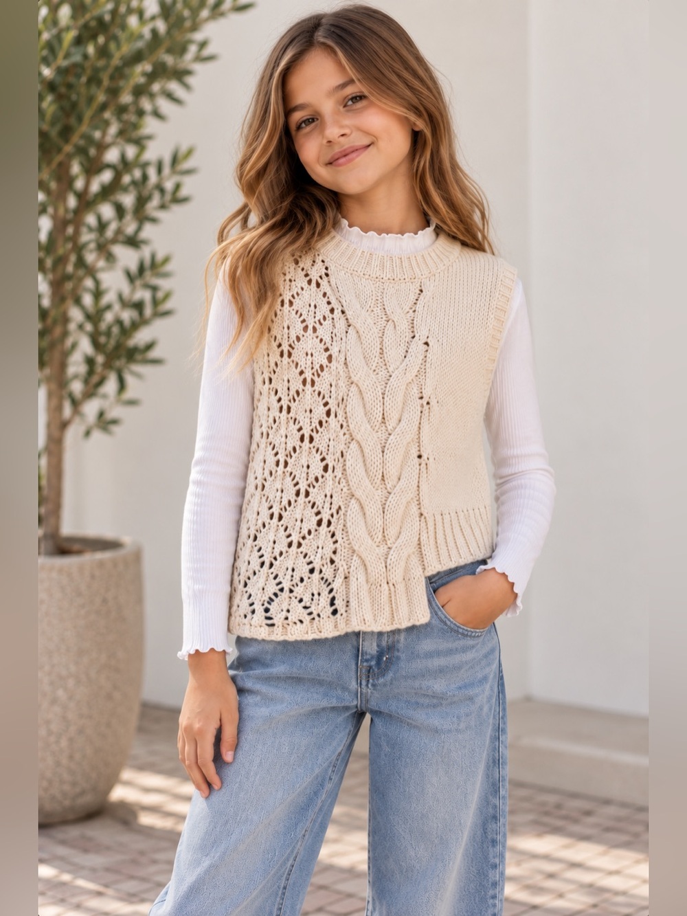 Zara Girl 9-10 Cream Cable Knit Crochet  Sweater Vest Asymmetrical Boho Layering
